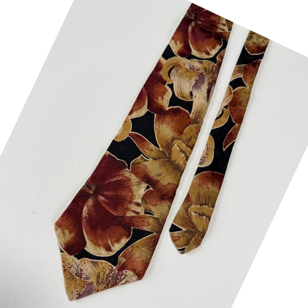 Aggio Floral Silk Tie Mens Rust Gold Orchid Print Classic Wide Fall Warm Autumn